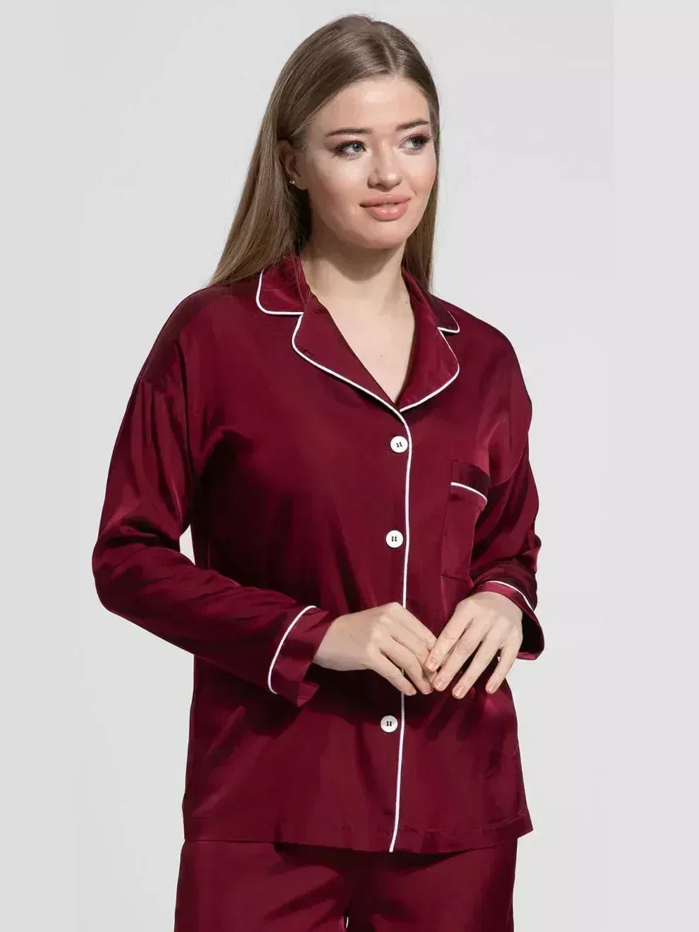 Mudasssir Cosmetics | 2 Piece Shirt Trouser Silk Night Suit - MEHROON