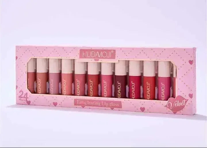 Mudassir Cosmetics | Hudamoji Velvet Long Lasting Lip Gloss 12Pcs Set