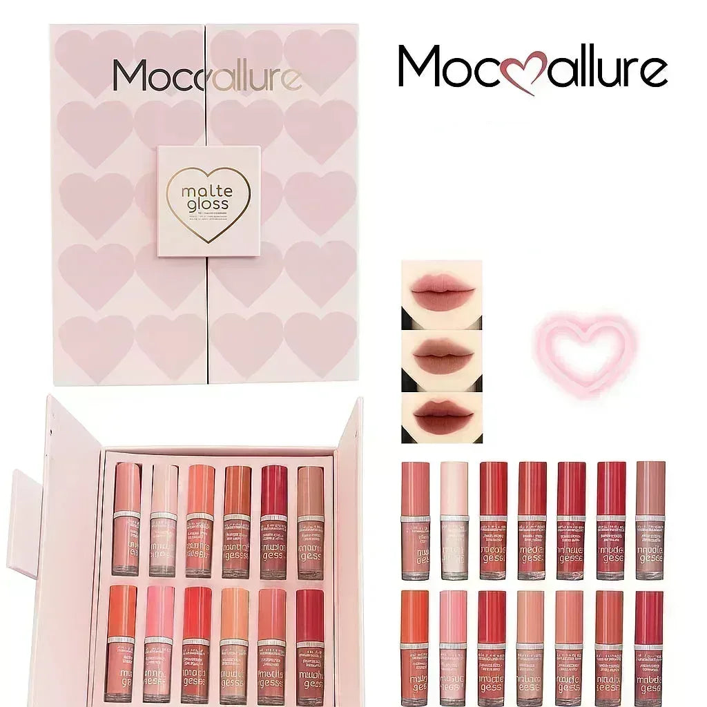 Mudassir Cosmetics | Mocallure Heart Super Glossy Matte 12-Piece Lip Set | Vibrant Colors and Smooth Finish