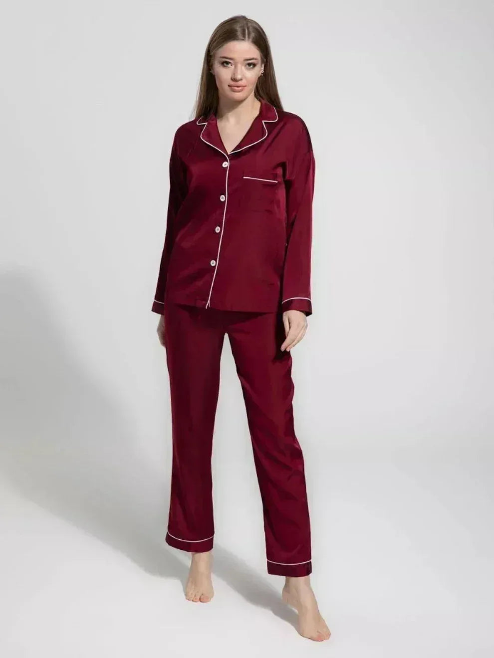 Mudasssir Cosmetics | 2 Piece Shirt Trouser Silk Night Suit - MEHROON